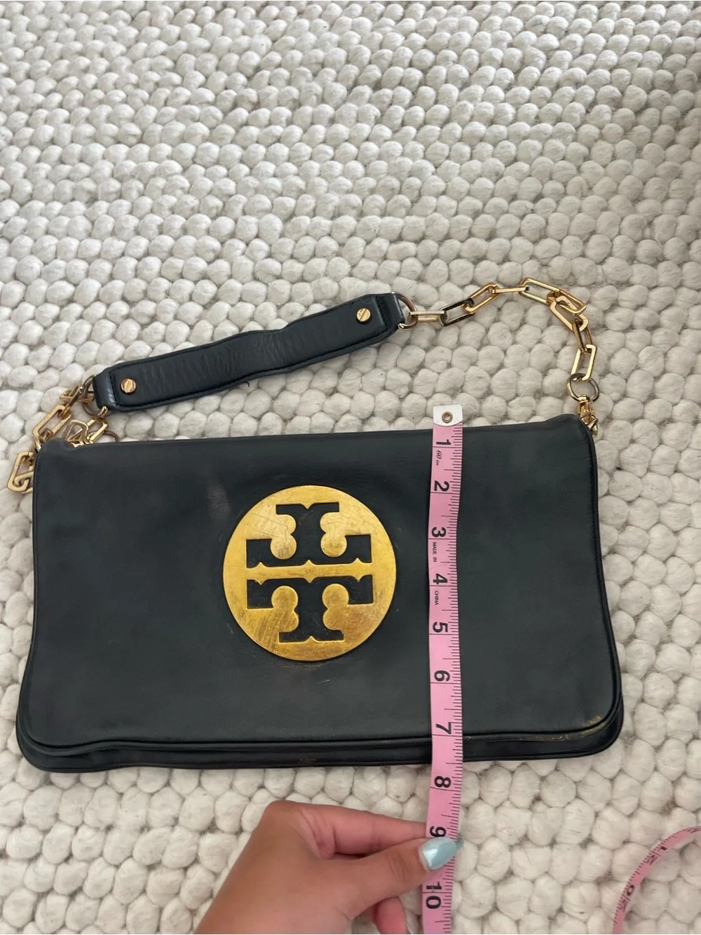 Tory Burch Black Leather Shoulder Bag with Gold Logo Medallion